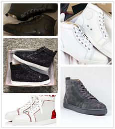 Designer Brand Red Black Sneakers Shoes Leather Skateboard Walking High Top Mens Womens Casual Shoe Black White Glitter Velvet Beads Trainers EU47 Box