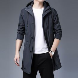 Men's Trench Coats MidLength Coat Spring and Autumn Hooded British Style Trendy Handsome Casual Solid Colour Jacket for Men y230904