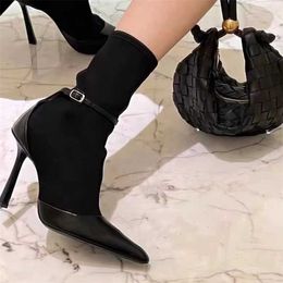 Women Boots Autumn New Socks Boots Elastic Short Straight Buckle Strap Thin Heel High Pointed Black Slim and 230830
