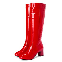 Woman Boots Square Heel Knee-High Classic Square Toe Boots PU Leather Zip Boots Party Dress Dance Shoes For Girls Party Shoes 35-43