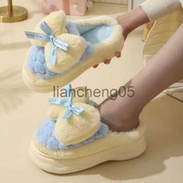 Slippers Women Platform Shoes Fur Warm Bow Slippers Winter New 2023 Designer Flats Home Short Plush Cotton Flip Flop Sweet Mujer Zapatos X0905