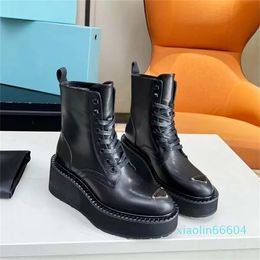 Women's Designer Boots Martin shoes Wedge sole Lace Up Round Toe Platform Genuine Leather Cavalier Ankle Boots Size 35-41