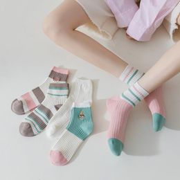 Women Socks High Quality Spring Fashion Candy Colour Striped Casual Embroidery Middle Tube Sock For Girl Cotton Sox 10 Pairs 2023