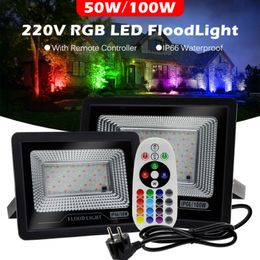 220V LED Flood Light 50W 100W IP66 Waterproof RGB Spotlight Outdoor Colour Changing RGB Floodlight for Garden Landscape Lighting
