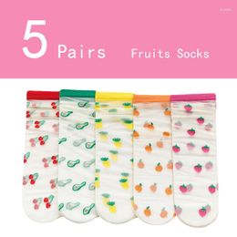 Women Socks 5 Pairs Fruit Orange For Summer Ultra-thin Transparent Short Lace Girl Cherry Avocado Strawberry Watermelon
