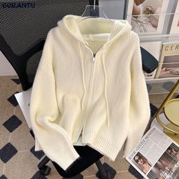 Womens Sweaters Spring Autumn Knitted Sweater Cardigans Coat Fashion Hooded Long Sleeve Zipper Knit Tops Y2k Vintage Cardigan Woman 230904