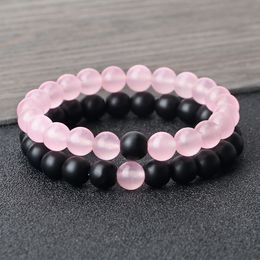 Bangle 2PcsSet Natural Stone Pink Black Beads Couple Distance Bracelet For Men Women Strand Bracelets Bangles Yoga Lover Jewelry Gifts 230904
