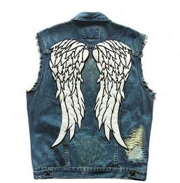 Men's Vests The Walking Dead Daryl Angle Wings Patches Noctilucent Biker Vest Motor Rider Motorcycle Denim Jeans S5XL 230904