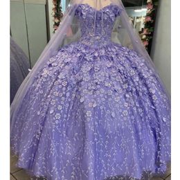 Lavender Beading Off The Shoulder Quinceanera Dresses Ball Gown Handmade Flowers Crystal With Cape Corset Sweet 15 Party Wear 0417