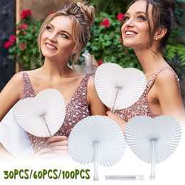 100pcs White Heart Shape Folding Fan Blank Paper Hand Fans With Plastic Handles DIY Painting Birthday Wedding Party Decor Sep05