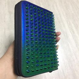 New fashion men brand designer wallet leather zipper long wallet luxury leather clip folder men top quality Money Purse rivets wal182U