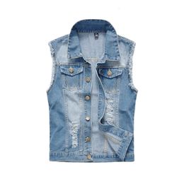 Men's Vests Men Denim Jackets Waistcoats Light Blue Ripped Coats Fashion Male Cotton Slim Black Jeans 6XL 230904