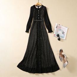 2023 Autumn Black Floral Lace Beaded Dress Long Sleeve Round Neck Rhinestone Long Maxi Casual Dresses S3S020831