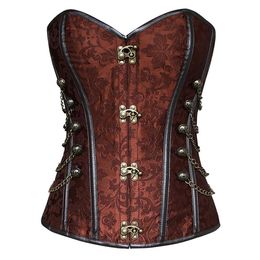 Women's Brocade Buckle Steampunk Gothic Punk Faux Leather Steel Boned Corset with Chain Plus Size Waist Training Corsets S-6X223f