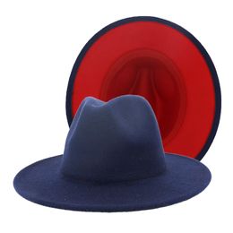 British Style Navy Blue Red Patchwork Felt Jazz Hat Cap Men Women Flat Brim Wool Blend Fedora Hats Panama Trilby Vintage Hat311G