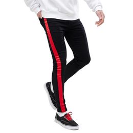 Side Stripe Red White Men Jeans Skinny Stretch Black Slim Fit Pants Tapered Legging Pencil Biker Comfy300P