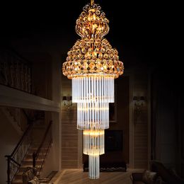 American Crystal Ceiling Chandelier European LED Luxury Long Hanging Lamps Room Decor Hotel Hall Casa Villa Home Decoration Lampara Stairways Lustre Luminarias