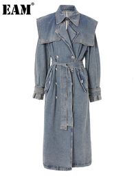 Womens Trench Coats EAM Women Blue Denim Big Size Long Lapel Sleeve Loose Fit Windbreaker Fashion Spring Autumn 17A4709 230904