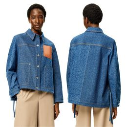 Loevwe Denim Jackets Womens Lapel Button Denim Shirts Splicing Fabrics Embroidery Womens Designer Brand Loevwe Jackets Spring Women's Denim Jacket Blue 8C2