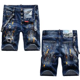 Men's Jeans Hand-painted paint with holes and patches, elastic five point small straight fitting jeans for men