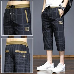 Men's Pants Summer Ice Silk Slim Fit Shorts Plaid China Style Embroidery Casual Calf-length Man Quick Drying Beach Short Pant