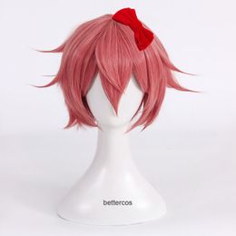 Cosplay Wigs Doki Literature Club Sayori Cosplay Wig Short Pink Red Heat Resistant Synthetic Hair Wig Wig Cap Bow Hairpin 230904