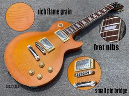 Electric guitar deep oragne paint with rich flame grain top tune o matic small pin bridge stop tail bone nut fret nibs