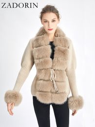 Womens Fur Faux ZADORIN Fall Winter Women Coat Luxury Knitted Sweater Cardigan Detachable Collar White Pink Jacket Coats 230904