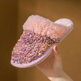 Slippers Warm Sequin Winter Woman Slippers Fashion Furry Ladies Home Cotton Shoes 2023 New Indoor Cute Comfy Non-slip Flat Slide Women X0905