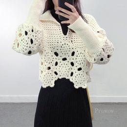 Women's Sweaters Hand Crochet Hollow Out Sweater Women Fashion Beige Pullover 2023 Thick Coat Lapel Lantern Sleeve Hook