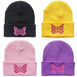 Berets Pink Ribbon Butterfly Beanie Cap For Women Girls Breast Cancer Awareness Skull Hat Fashion Knitted Embroider Bonnet Friend Gifts