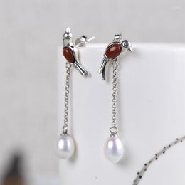 Dangle Earrings FNJ Magpie Bird 925 Silver Pure Original S925 Sterling Drop Earring For Women Jewellery Freshwater Pearl