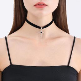 Choker Gothic Black Ribbon Cross Pendant Necklace For Women Vintage Punk Short Jewelry Accessories Gift 2023