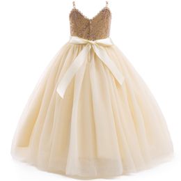 Pretty Princess Sequins Flower Girl Dresses V-Neck Ball Gown Tulle Bow Girls Pageant Gown Communion For Wedding Formal Party F01