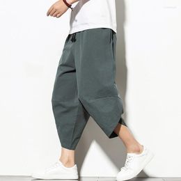 Men's Pants Summer Cotton Harem Men Casual Hip Hop Trousers Drawstring Cross Bloomers Calf-Length Joggers Streetwear