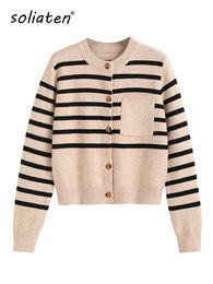 Womens Sweaters 90s Crew Neck Striped Cropped Cardigan Women Sweater Fashion Single Breasted Y2K Preppy Style Knitted Korea Clothes C002 230905