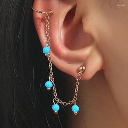 Stud Earrings One-piece Long Blue Beaded Tassel Chain Ear Cartilage Clips Silver Color Set For Women Female Jewelry