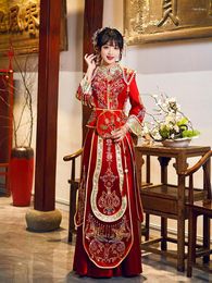 Ethnic Clothing Embroidery Oriental Sequins Beading Tassels Qipao Women Cheongsam Ancient Traditional Chinese Bride Wedding Dress Long