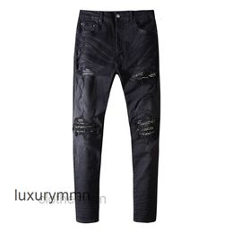 Designer Amirrs T Jeans Shirts 2023 Jean Wash Water Black Hole Cashew Blossom Elastic Slim Fit Men's and Women's Fashion MQKW