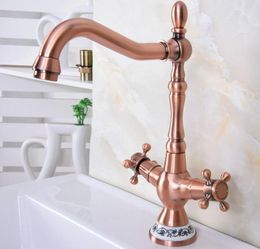 Kitchen Faucets Antique Red Copper Dual Cross Handles Ceramic Base Bathroom Basin Sink Faucet Mixer Tap Swivel Spout Deck Mounted Mnf614