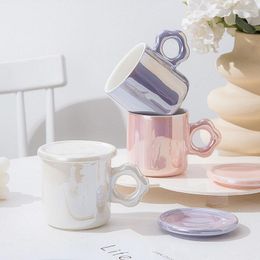 Mugs Simple Flower Handle Mug With Cover Girl Heart Ceramic Water Cup High Beauty Household Breakfast Cute Coffee Milk