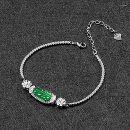 Strand S925 Silver Inlaid Natural A Goods Jade Sun Green Leaf Bracelet Women's Fashion Handwear High Grade