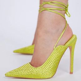 Dress Shoes Bling Crystal Embellished Slingback Pumps Shallow Pointed Toe Ankle Wrap Lace Up Spring Autumn Celebrating