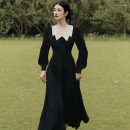 Casual Dresses Spring Autumn French Vintage Hepburn Fashion Folded Collar Waist Show Slim Elegant Pretty Long One-piece Black For Women