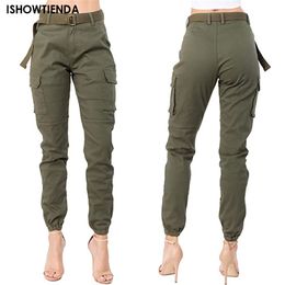 Womens Pants Capris Slim Fit Cargo Pant High Waist Pencil Cropped Casual Trouser Long With Pockets Matching Belt 230905