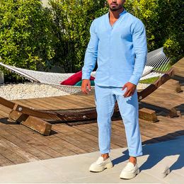 Men's Tracksuits 2023 Casual Long Sleeve Linen Set Luxury Stand Collar Solid Color Bottons Down Shirts Pants 2 Piece Suit Leisure Autumn 230906