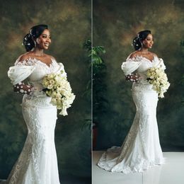 Luxo africano sereia vestidos de casamento vestidos de noiva renda appliqued manga longa com trem destacável vestido de noiva plus size