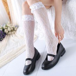 Women Socks Lolita White Lace Long Stockings Transparent High Knee Leg Frilly Thin Stocking Female Dress Calcetines Mujer