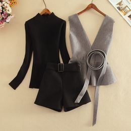 Women's Two Piece Pants Autumn Winter Women Wide Leg Shorts 3Pieces Sets Black Semi High Collar Sweater V Neck Ruffle Wool Vest Tops And Suit 230906