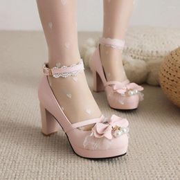 Dress Shoes 2023 Fashion JK Cute Sweet Lolita Platform Heels Black Pink Blue Bow Pearls Buckle Ankle Strap Pumps Wedding Bride Womens